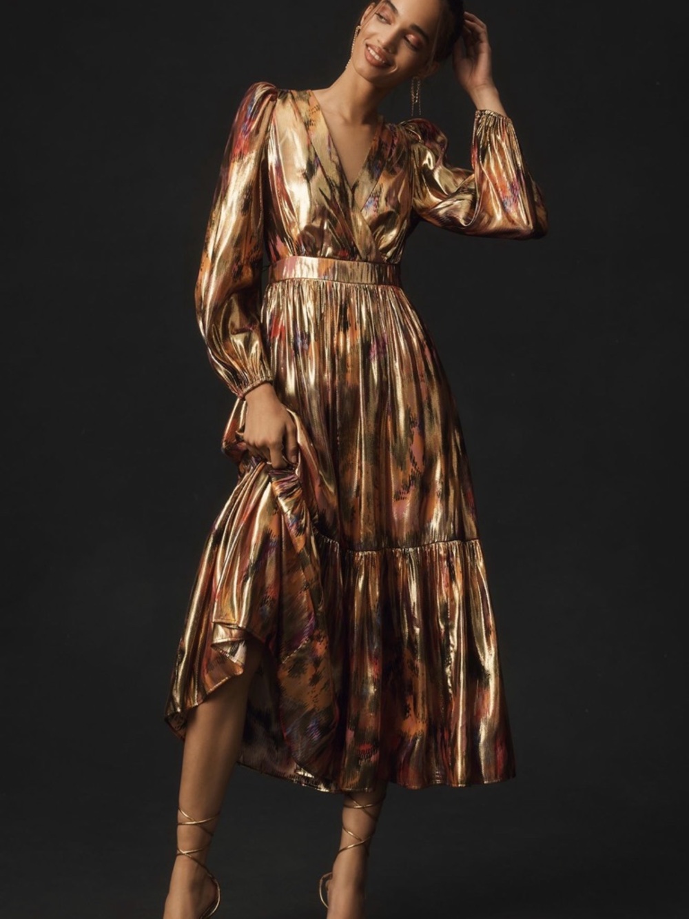 Anthropologie Metallic Gold Multi-Color V-Neck Midi Dress BRAND new without tags